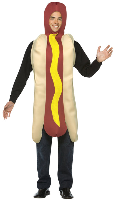Full-length product photo of the Hot Dog Costume, a soft wear-it Rasta Imposta hot dog costume worn by an adult, shown against a plain white background — a fun dress-up piece for Halloween and costume parties.