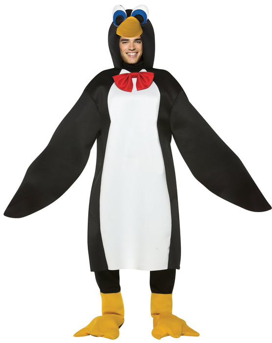 Full-length product photo of the Penguin Costume, a soft wear-it Rasta Imposta penguin costume worn by an adult, shown against a plain white background — a fun dress-up piece for Halloween and costume parties.