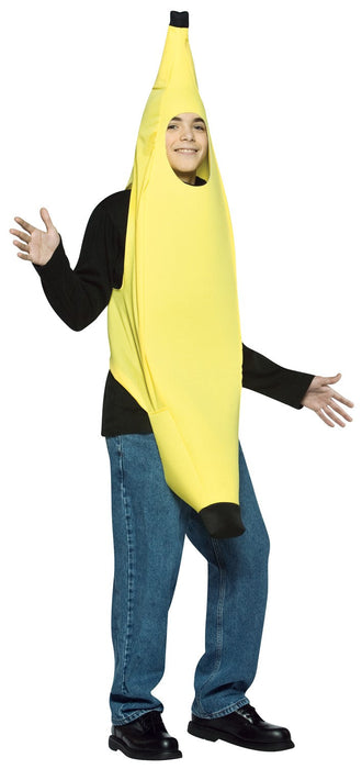 Full-length product photo of the Banana Costume, a soft wear-it Rasta Imposta banana costume worn by a teen, shown against a plain white background — a fun dress-up piece for Halloween and costume parties.