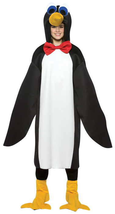 Full-length product photo of the Penguin Costume, a soft wear-it Rasta Imposta penguin costume worn by a teen, shown against a plain white background — a fun dress-up piece for Halloween and costume parties.