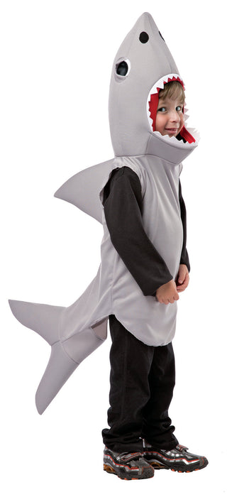 Full-length product photo of the Sand Shark Costume, a soft wear-it Rasta Imposta sand shark costume worn by a child, shown against a plain white background — a fun dress-up piece for Halloween and costume parties.