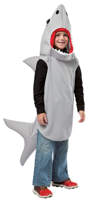 Full-length product photo of the Sand Shark Costume, a soft wear-it Rasta Imposta sand shark costume worn by a child, shown against a plain white background — a fun dress-up piece for Halloween and costume parties.