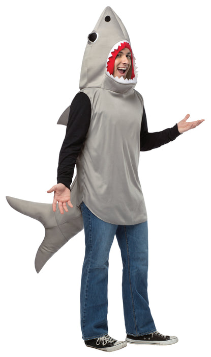 Full-length product photo of the Sand Shark Costume, a soft wear-it Rasta Imposta sand shark costume worn by an adult, shown against a plain white background — a fun dress-up piece for Halloween and costume parties.
