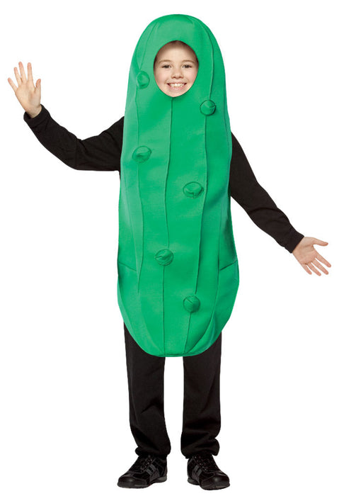 Full-length product photo of the Pickle Costume, a soft wear-it Rasta Imposta pickle costume worn by a child, shown against a plain white background — a fun dress-up piece for Halloween and costume parties.