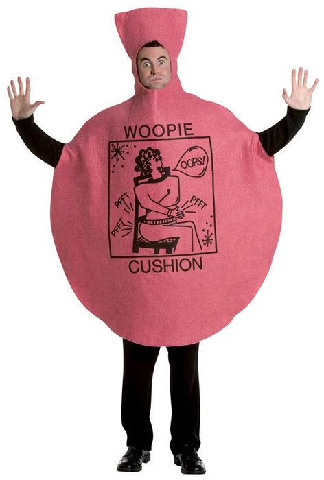 Full-length product photo of the Whoopie Cushion Costume, a soft wear-it Rasta Imposta whoopie cushion costume worn by an adult, shown against a plain white background — a fun dress-up piece for Halloween and costume parties.