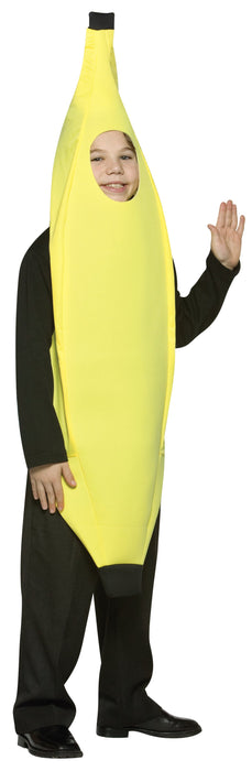 Full-length product photo of the Banana Costume, a soft wear-it Rasta Imposta banana costume worn by a child, shown against a plain white background — a fun dress-up piece for Halloween and costume parties.