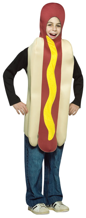 Full-length product photo of the Hot Dog Costume, a soft wear-it Rasta Imposta hot dog costume worn by a child, shown against a plain white background — a fun dress-up piece for Halloween and costume parties.