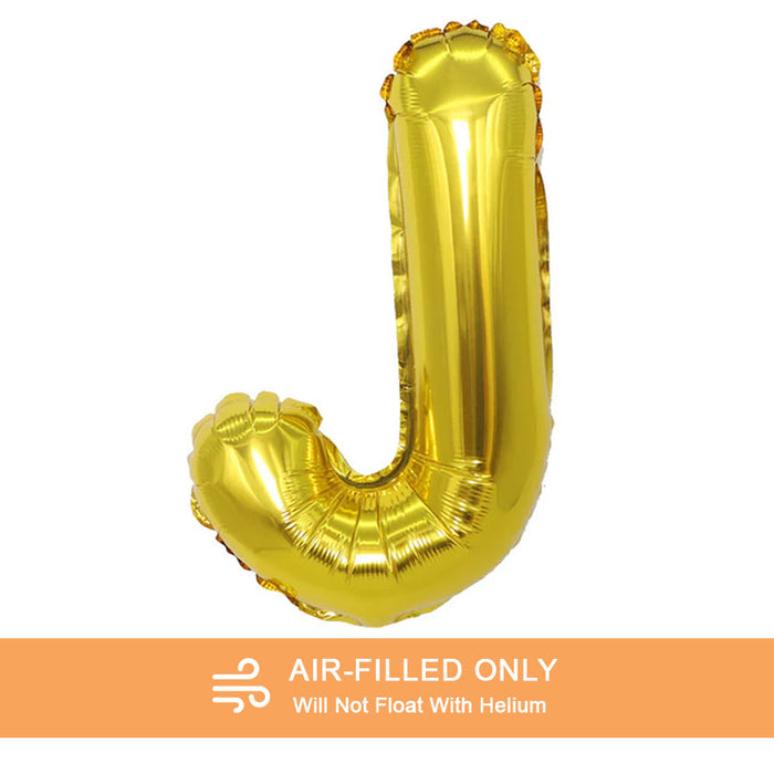 A 16-inchAir Filled Gold Mylar Letter Balloon in the letter J.