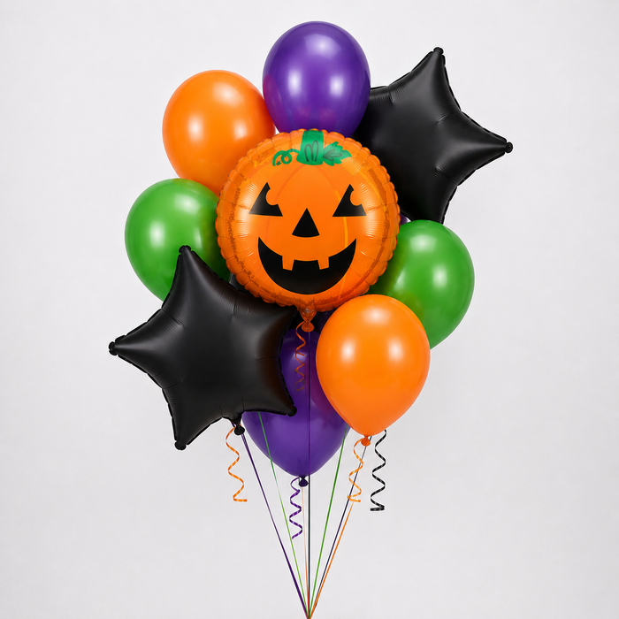 A cluster of Halloween-themed balloons on a light gray background, including an orange pumpkin face balloon, two black star balloons, green and purple balloons, and orange balloons.