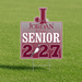 A custom yard sign for a sports team or student, featuring a maroon and white design with the text 'J. Jordan Beetdiggers SENIOR 2027' and a beetle graphic, displayed on a metal stake in a green grass field.