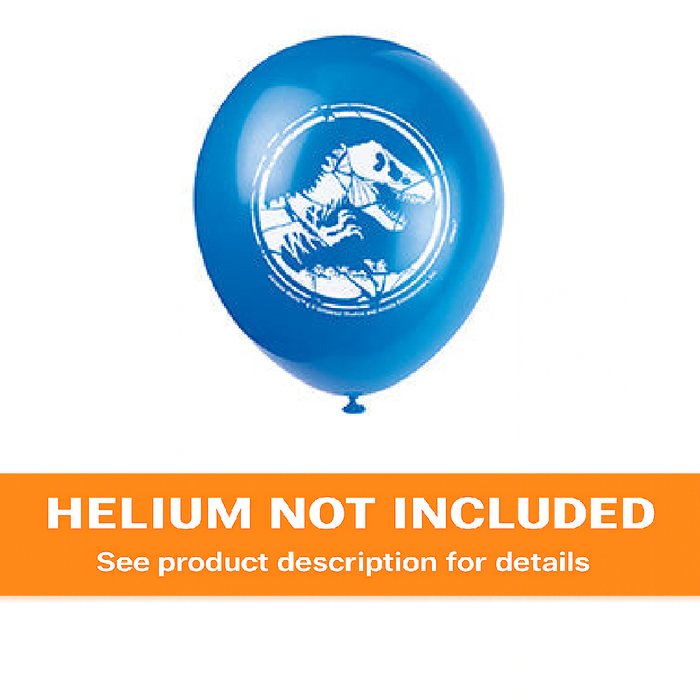 Blue 12-inch Jurassic World latex balloon with white T. rex skeleton logo and orange “Helium Not Included” banner at the bottom.
