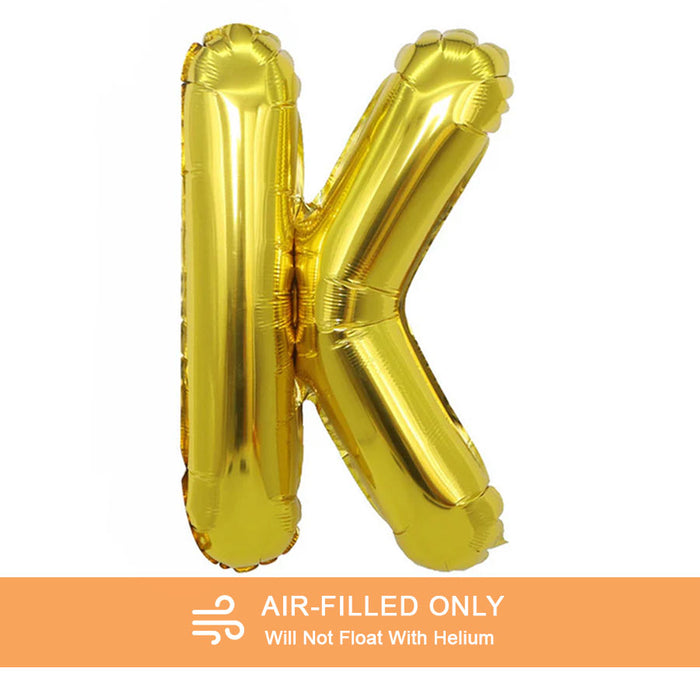 A 16-inchAir Filled Gold Mylar Letter Balloon in the letter K.