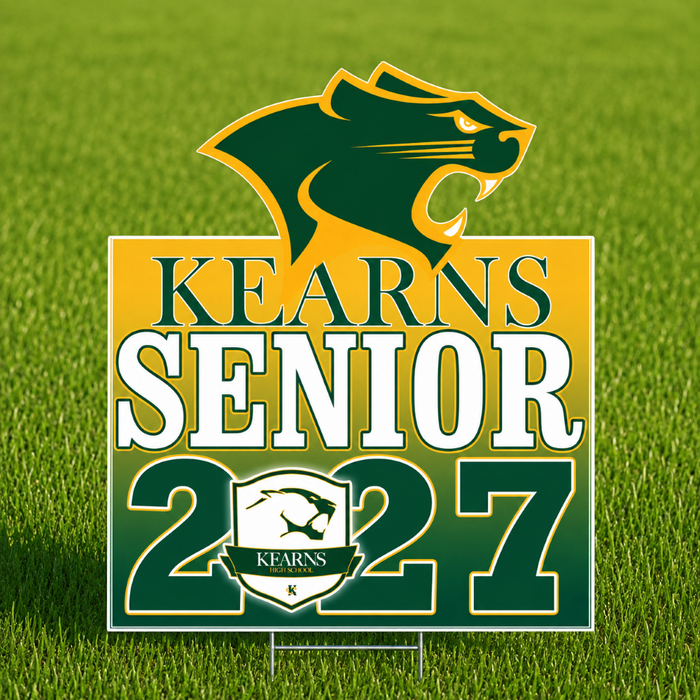 Kearns Senior 2027 graphic with a green and yellow panther mascot logo above large white text reading 'KEARNS SENIOR 2027' on a yellow-to-green gradient background.