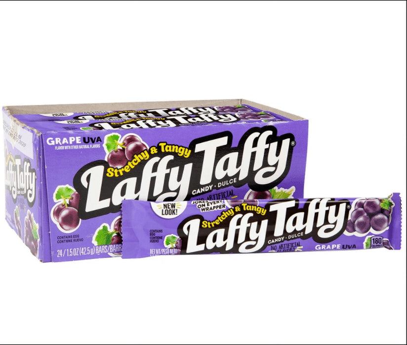 Laffy Taffy Grape: chewy taffy, purple in color. Sold in a 1.5 oz flat wrapped bar, printed with the brand name and product.