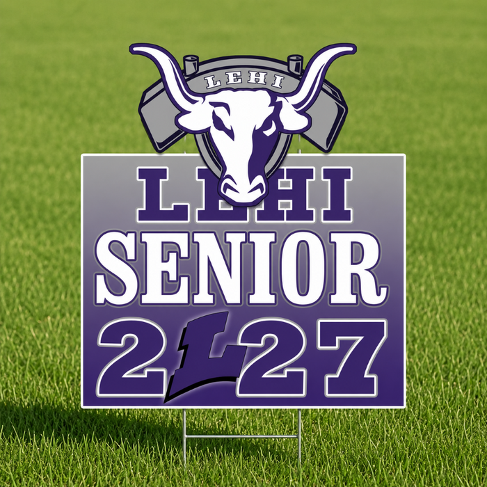 A square graphic design for a 'LEHI SENIOR 2027' sticker or decal. The design features a gray and purple gradient background with bold white and purple text.