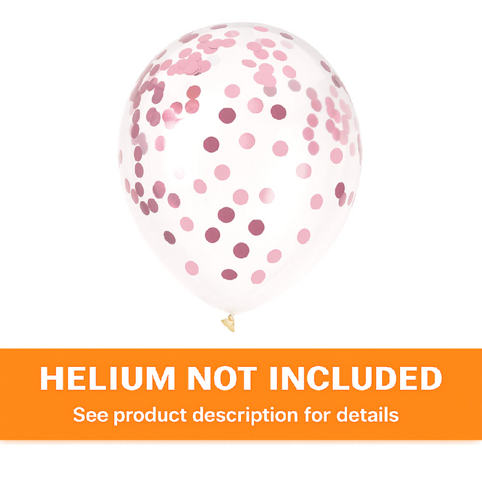 Clear 12-inch latex balloon filled with light pink confetti dots on a white background plus an orange "Helium Not Included" banner.