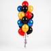 Disney Cars themed accent balloon bouquet with red, black, blue, and gold latex balloons.