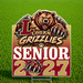 A custom yard sign for the Logan Grizzlies Senior 2027 football team, featuring a roaring grizzly bear mascot and team graphics, displayed on a green grass background.
