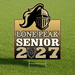 A rectangular yard sign on a metal stake reading "LONE PEAK SENIOR 2027" with a black helmet graphic and gold-to-black gradient background, placed on green grass.
