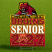 A rectangular yard sign on a metal stand placed on green grass, featuring a red and gold gradient design with the text 'MOUNTAIN VIEW BRUINS SENIOR 2027' and a bear graphic above. The sign is shown as the product in a lawn setting.