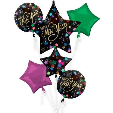 A 5 piece New Year's Starlit Mylar Balloon Bouquet.