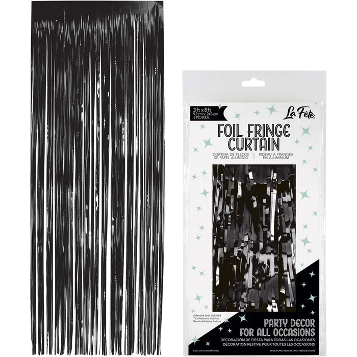 Black Foil Fringe Curtain shown against a plain white background — a party decorations party item.