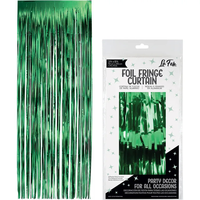 Green Foil Fringe Curtain shown against a plain white background — a party decorations party item.