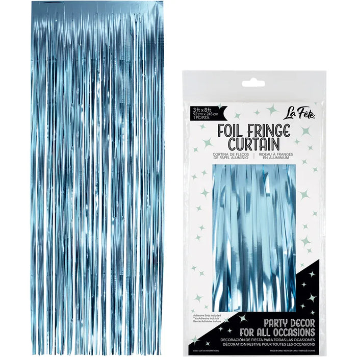 Light Blue Foil Fringe Curtain shown against a plain white background — a party decorations party item.