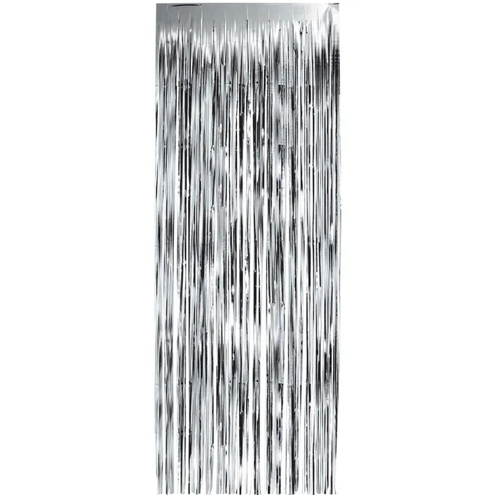 Silver Foil Fringe Curtain shown against a plain white background — a party decorations party item.