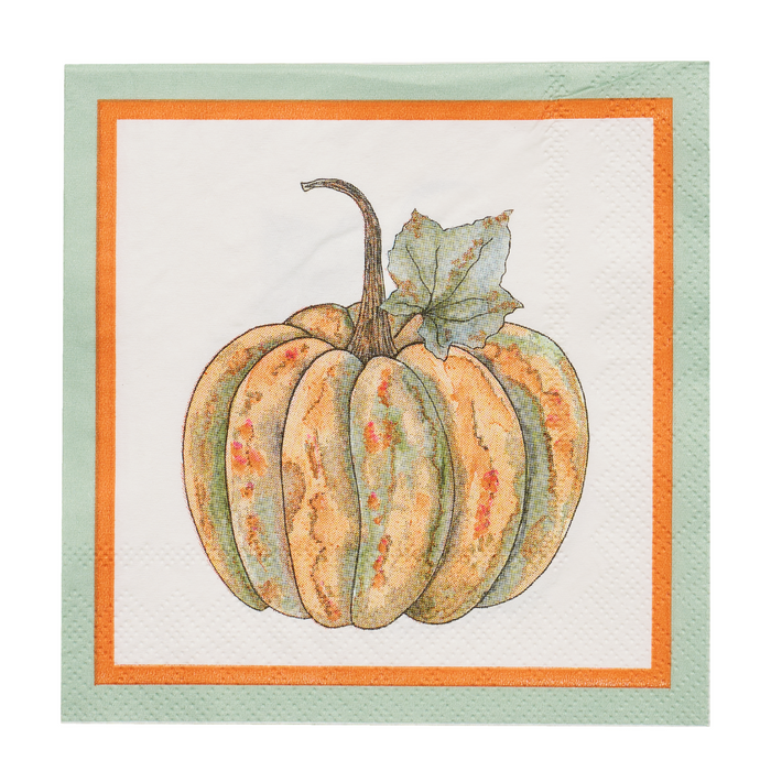 A square paper napkin featuring a watercolor-style illustration of a ribbed pumpkin with a stem and leaf, framed by an orange border and a pale mint green outer border.