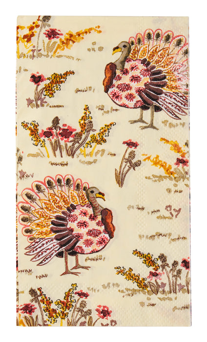 Patterned napkin with turkeys and flowers on a beige background