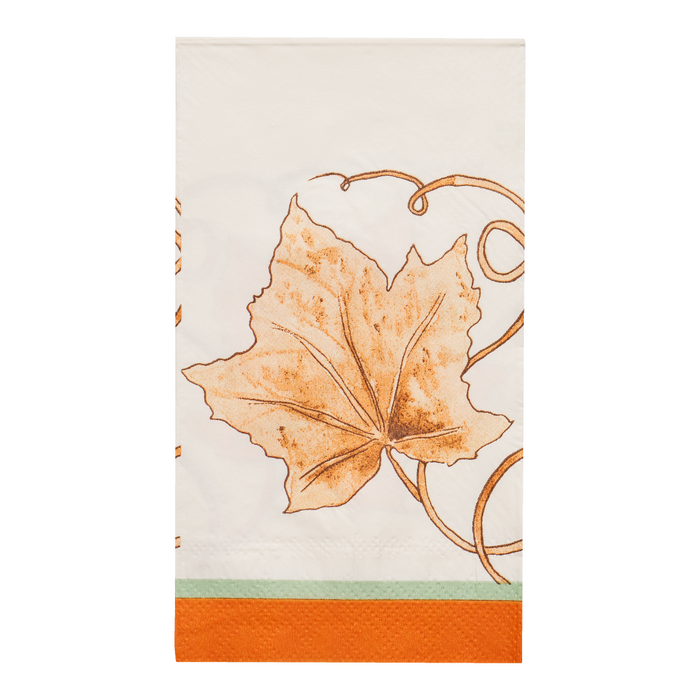 A rectangular decorative paper napkin with a white background, featuring a large brown and orange maple leaf design, delicate vine outlines, a light green horizontal stripe, and a solid orange band at the bottom.