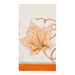 A rectangular decorative paper napkin with a white background, featuring a large brown and orange maple leaf design, delicate vine outlines, a light green horizontal stripe, and a solid orange band at the bottom.