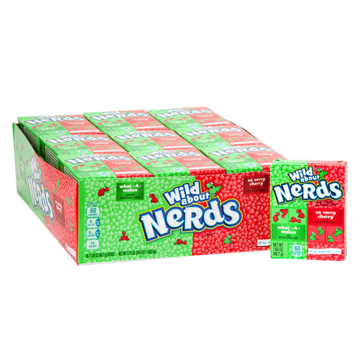 Nerds Watermelon And Cherry: tiny crunchy candies, red in color. Individually wrapped single piece.