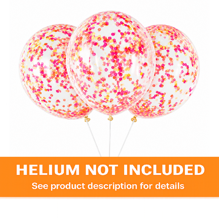 Clear 12-inch latex balloons filled with neon pink, orange, and yellow confetti with orange “Helium Not Included” banner at the bottom.