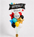 A retirement-themed balloon bouquet centerpiece with a black and white banner reading 'OFFICIALLY RETIRED,' a white round mylar reading 'Congrats!,' and multiple metallic and latex balloons in red, blue, yellow, black, white, and gold on a light gray background.