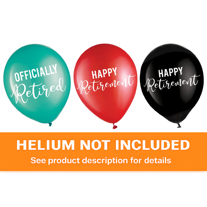 Assorted latex balloons in teal, red, and black featuring “Officially Retired” and “Happy Retirement” text designs for a retirement party celebration on a white background, and with a helium not included banner. 
