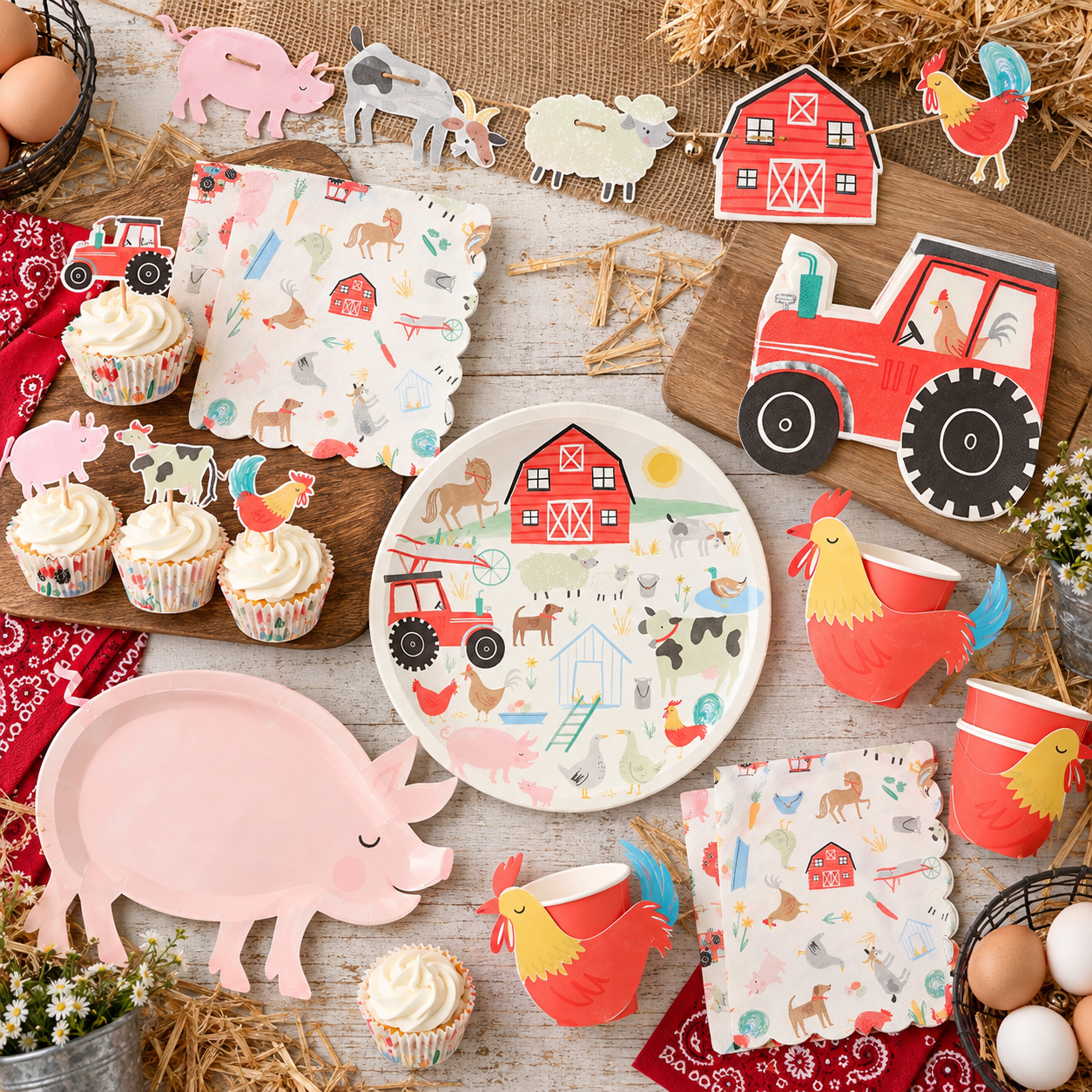 On The Farm Dinner Plate with illustrated red barn, tractor, horse, sheep, cow, pig, chickens, ducks, and farm animals on a white background.