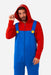 A man wearing an Adult Mario Onsie Costume.