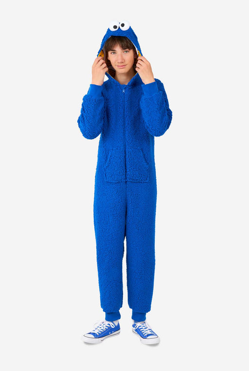 A boy wearing a Childs Cookie Monster Onsie Costume.