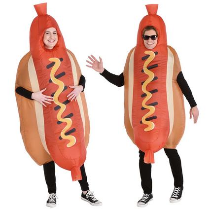 A man and women wearing Adult Inflatable Hot Dog Costumes.