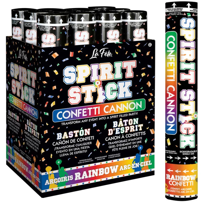 12" Confetti Spirit Stick Cannon Rainbow shown against a plain white background — a confetti cannons party item.