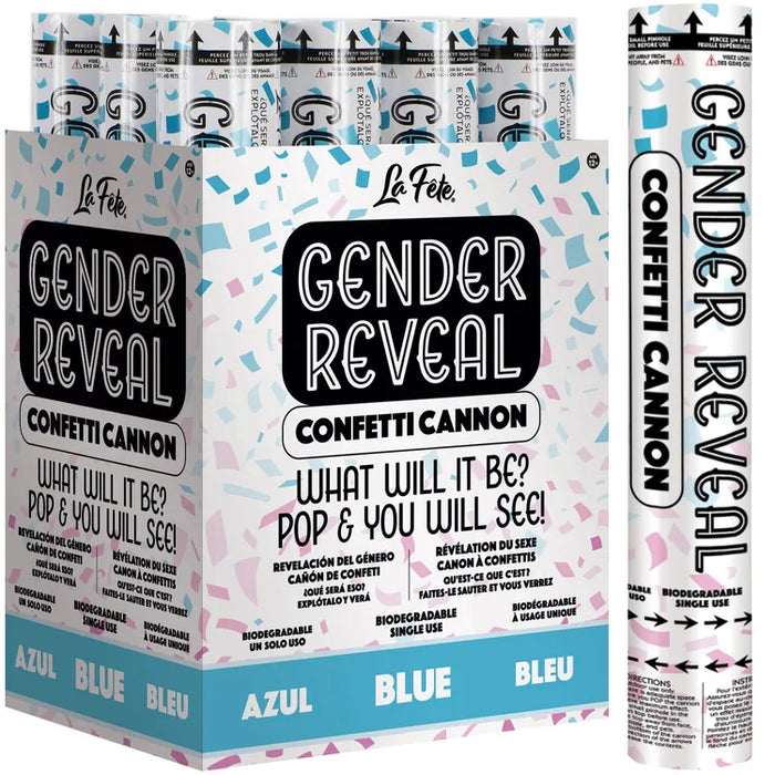12" Blue Gender Reveal Confetti Cannon shown against a plain white background — a confetti cannons party item.