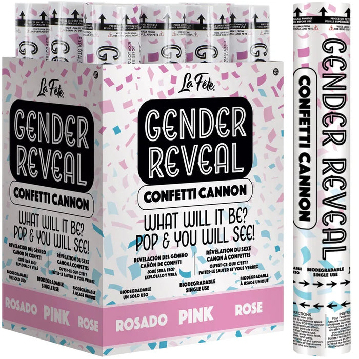 12" Pink Gender Reveal Confetti Cannon shown against a plain white background — a confetti cannons party item.