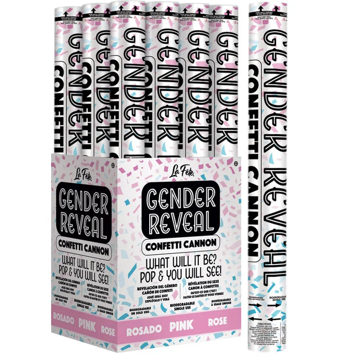 18" Pink Gender Reveal Confetti Cannon shown against a plain white background — a confetti cannons party item.