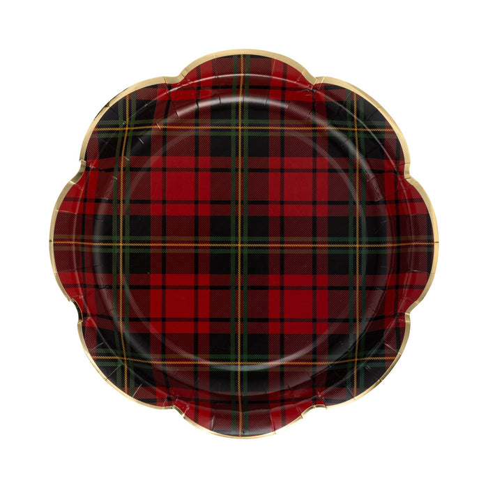 Red Christmas Plaid Round Scalloped Plate | 8ct
