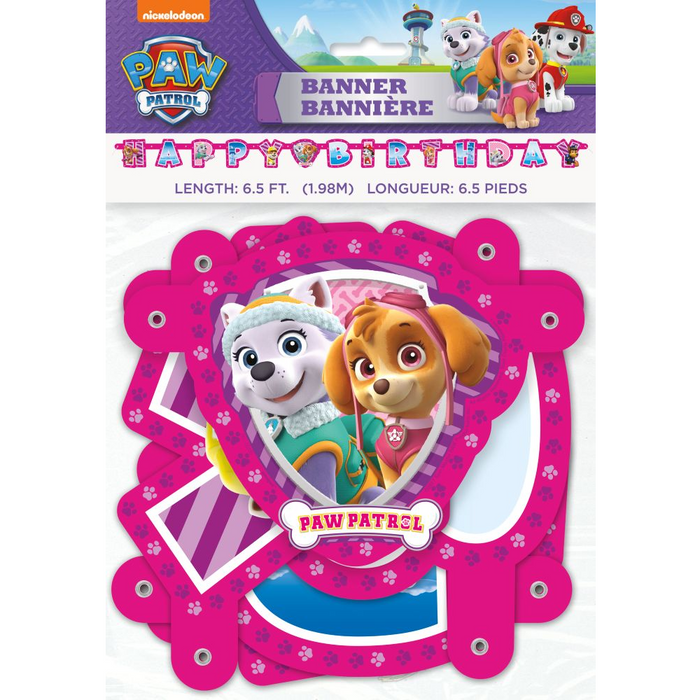 Packaged Paw Patrol Girl 6.5-foot Happy Birthday banner with pink letters, paw-print accents, and character images of Skye, Everest, Marshall, Chase, and other Paw Patrol pups.