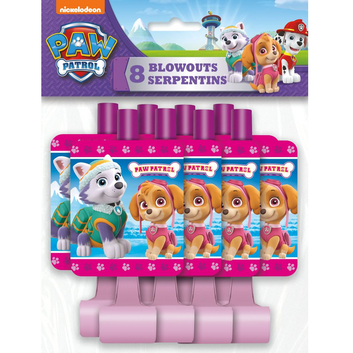 Paw Patrol Girl blowout noisemakers package featuring Skye and Everest with pink paw-print designs and 8 party blowouts.