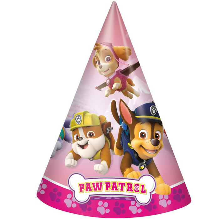 Pink Paw Patrol Girl cone party hat featuring Skye, Rubble, Chase, and the Paw Patrol logo with a paw-print border.
