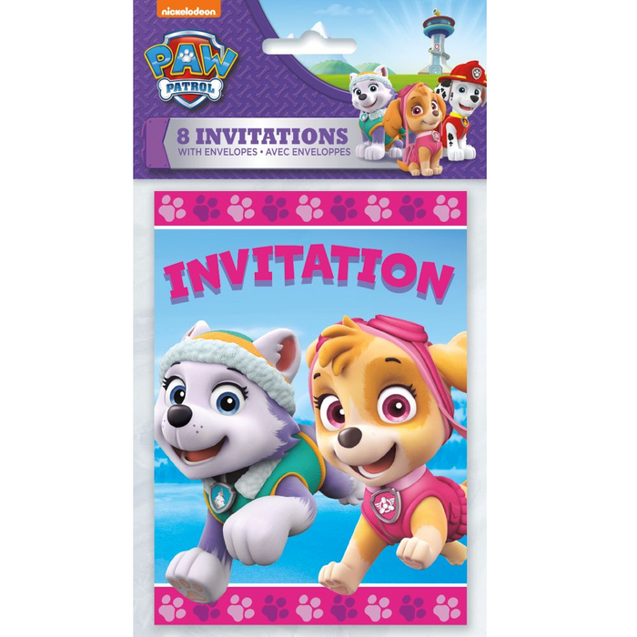 Paw Patrol Girl Invitations package with 8 invitations and envelopes, featuring Skye and Everest on a blue background with pink paw-print accents.